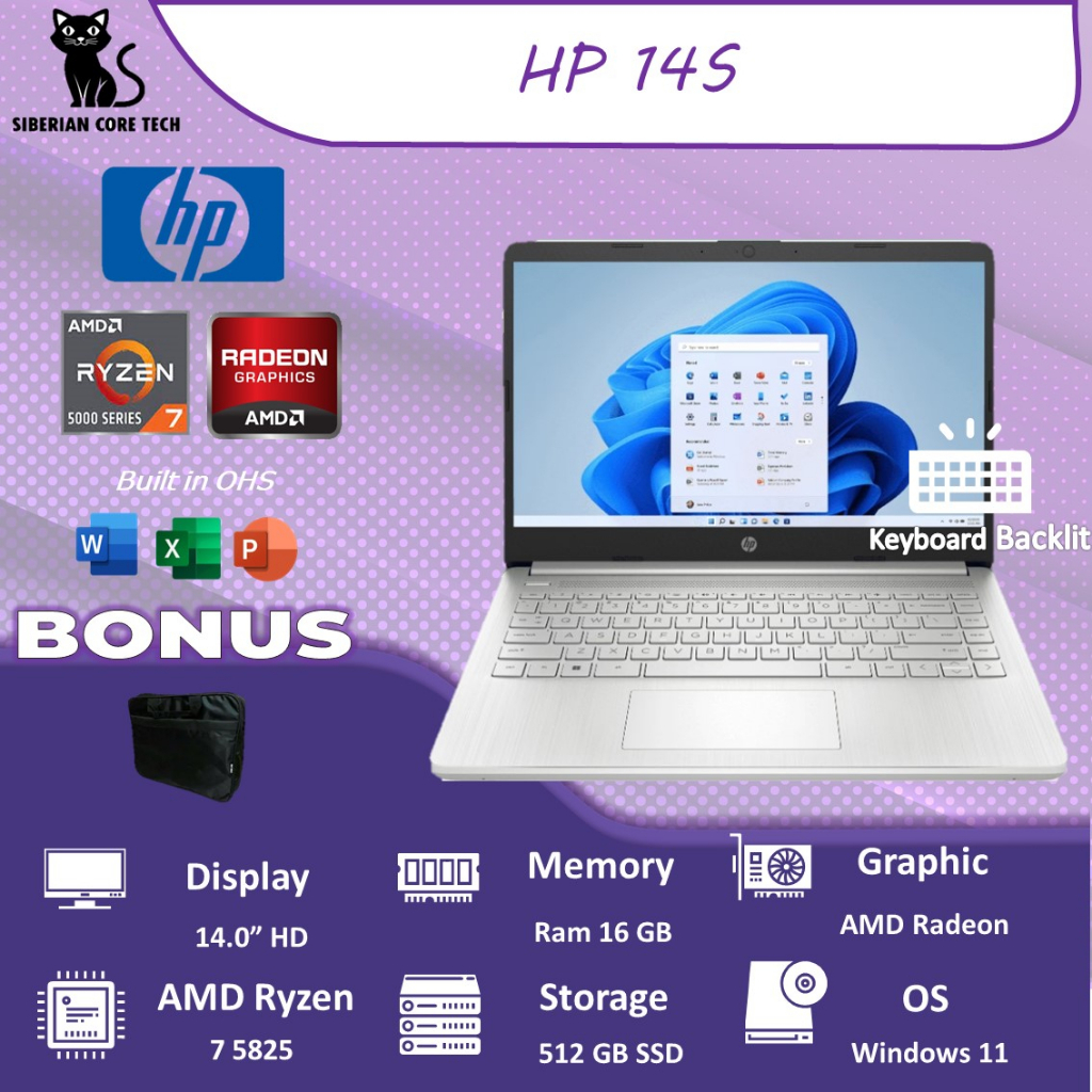 HP 14S FQ2038AU RYZEN 7 5825 16GB 512SSD VEGA8 W11+OHS 14.0 BLIT 2YR SLV