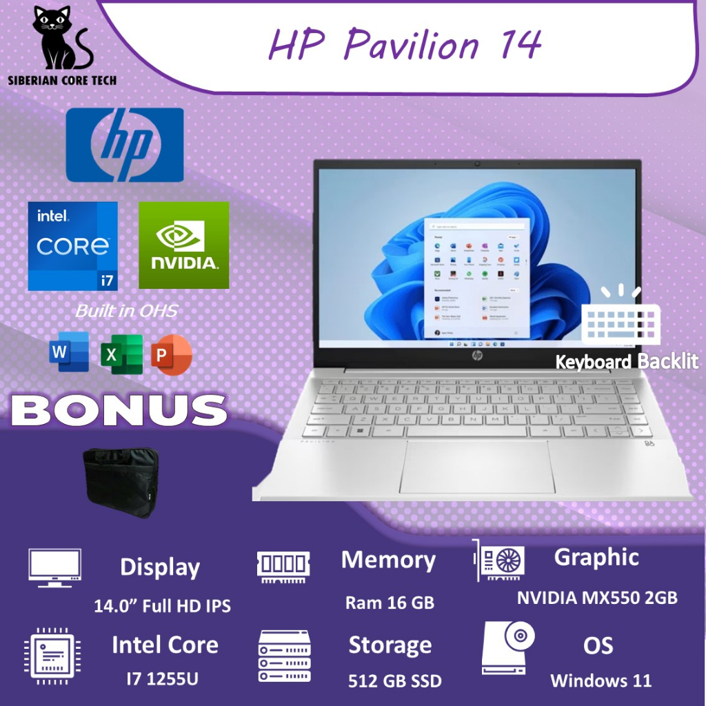 HP PAVILION 14 DV2000TX MX550 2GB/ I7 1255U 16GB 512SSD W11+OHS 14.0FHD IPS BLIT 2YR+ADP SLV