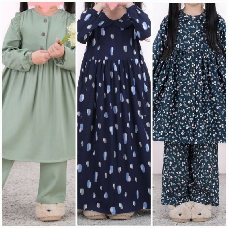 Baju Anak Perempuan Little Angel 2 (1-2th) Embroidery Green Sage, Oval Stone Navy, Shirley Rain Fore