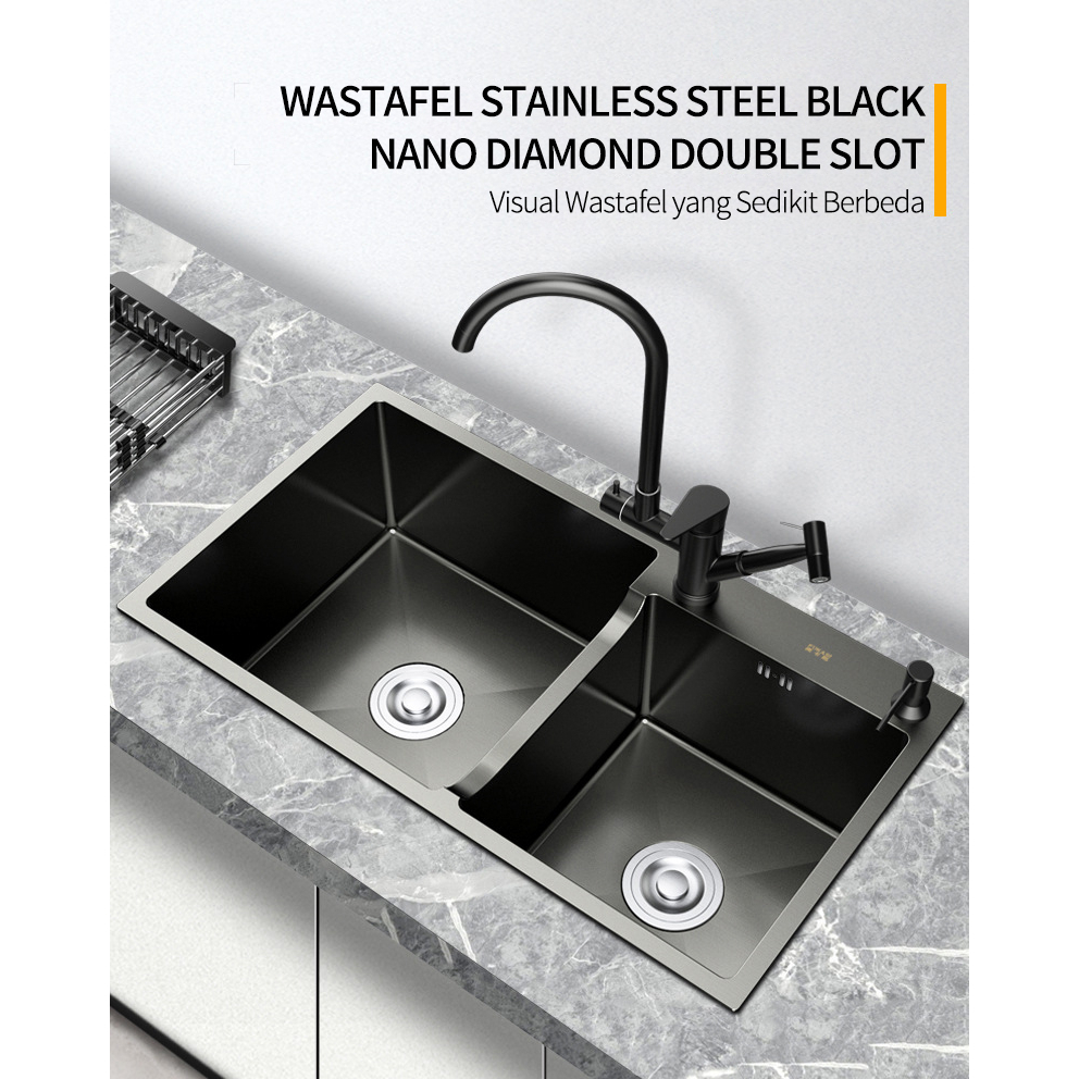Paket Kitchen Sink Stainless 304 / Black Faucet Tarik Adjustable / Set Wastafel Dapur
