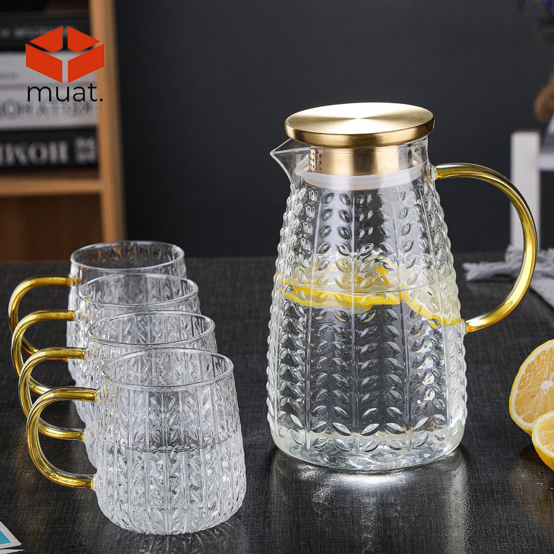MUAT.IDN - Gelas kaca dan teko kaca / Bundling 1 pitcher dan 4 gelas / Teko kaca tahan panas / Teko 
