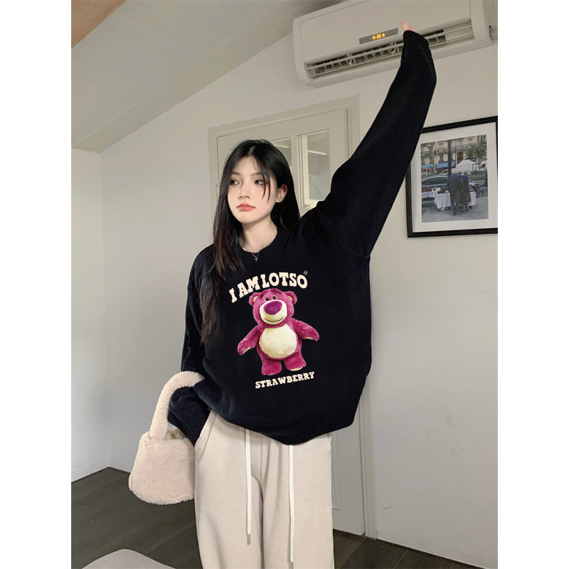 Sweater Oversize Cartoon Unisex Sweater Strawberry Bear Oversize Korean Style/Sweater Hitam