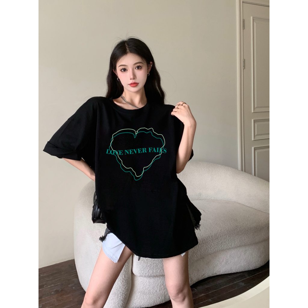 XIAOZHAINV Kaos Atasan Wanita Green Love Pattern Lengan Pendek A0802