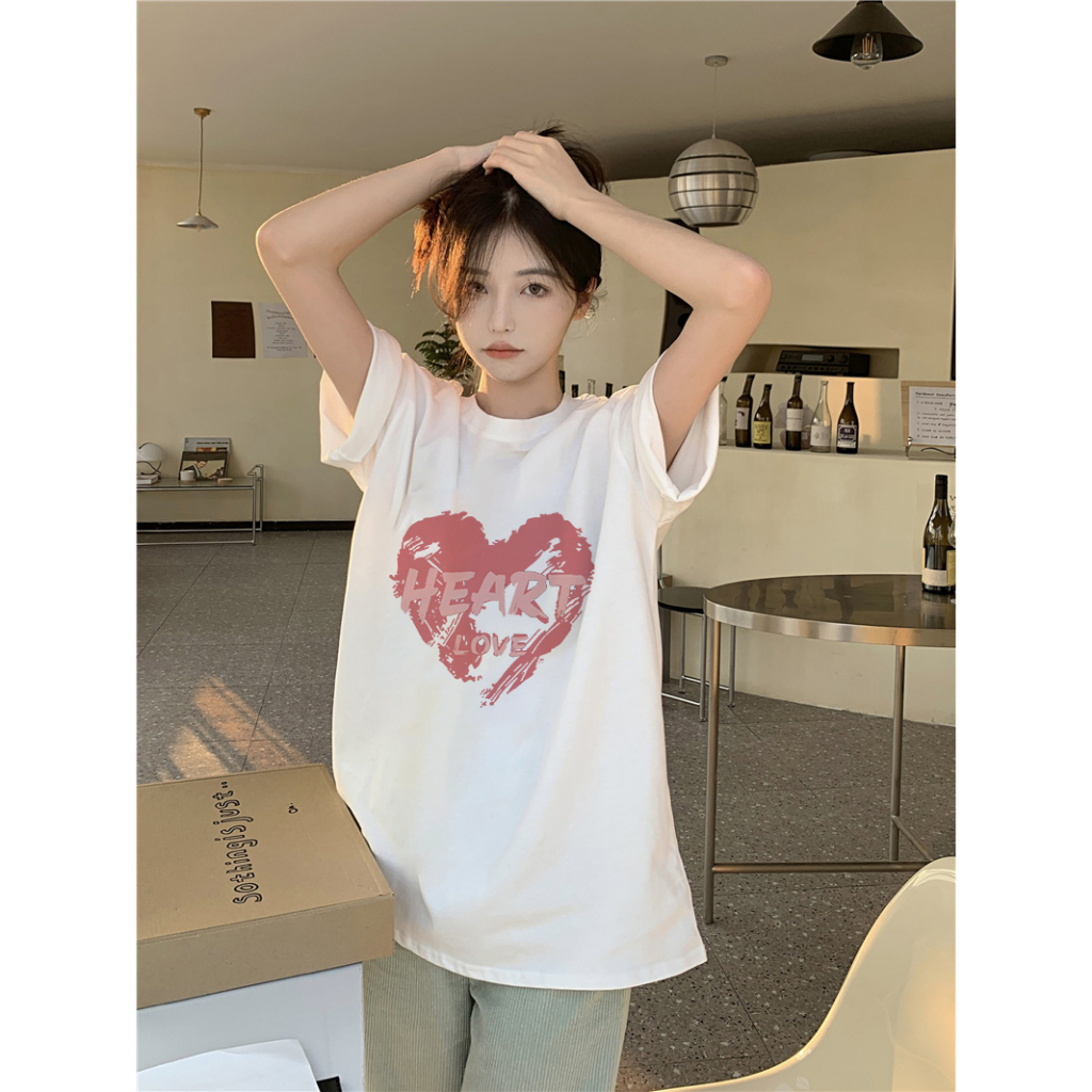 XiaoZhaiNv Kaos Atasan Wanita Paint Love Pattern Lengan Pendek A0802