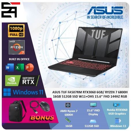 Asus TUF FA507RM RTX3060-6GB Ryzen 7 6800H 16GB 512GB SSD W11+OHS 15.6 Inchi FHD 144Hz