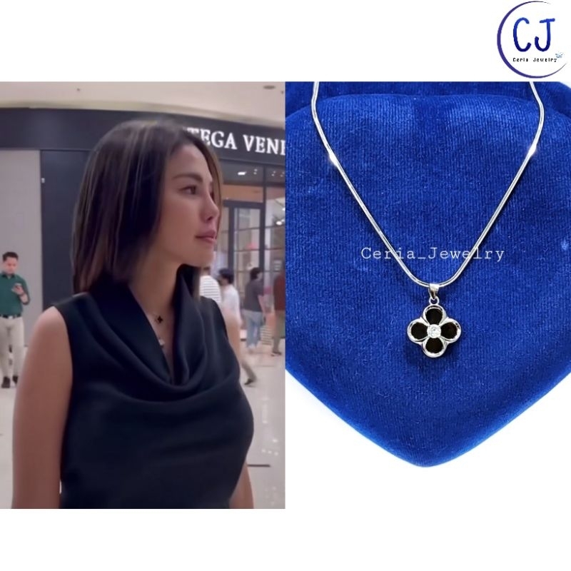 Kalung Perak Asli 925 Lapis Emas Putih Model Liontin Van Cleef / Clover Depan Belakang - Kalung Anti Karat