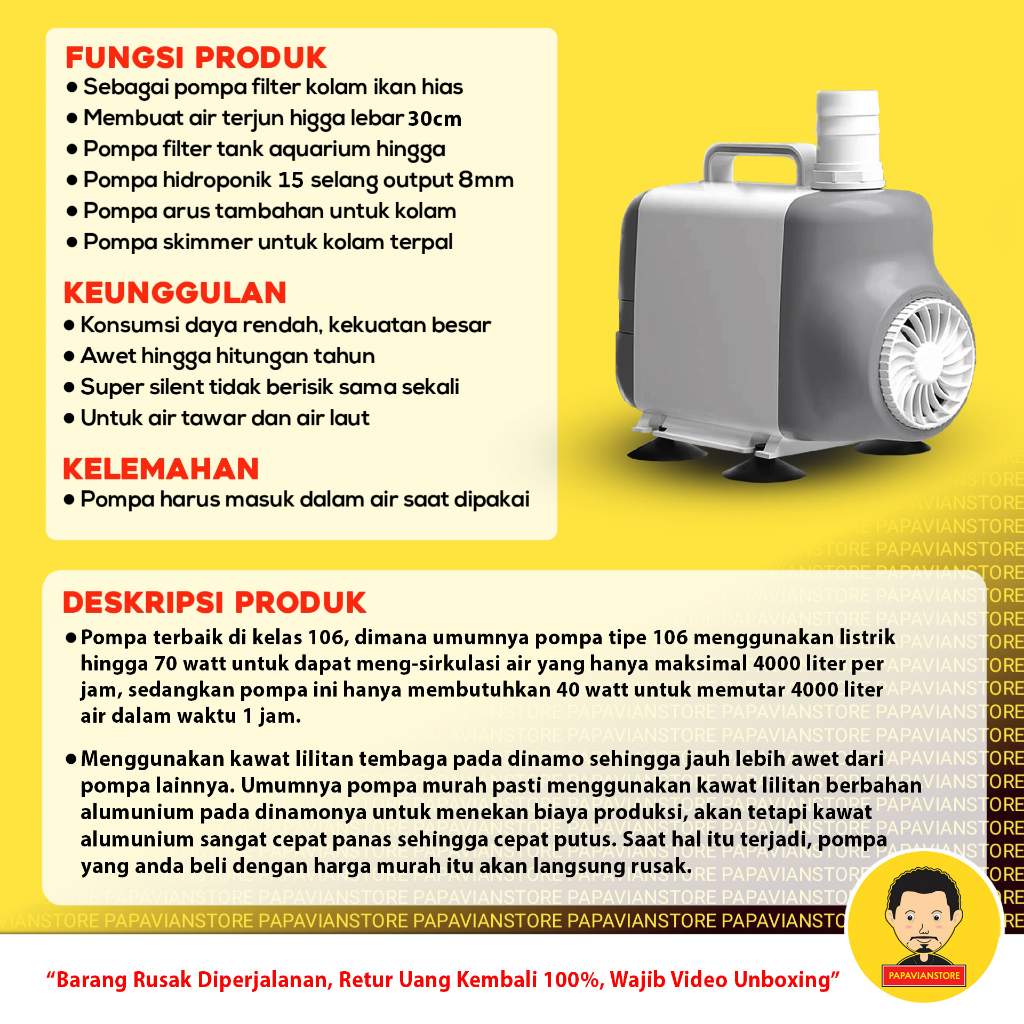 Pompa Aquarium Celup Grade A - Mesin Filter Air 4000 LPH Liter Per Jam 3 Meter - Kandlia Eco 106