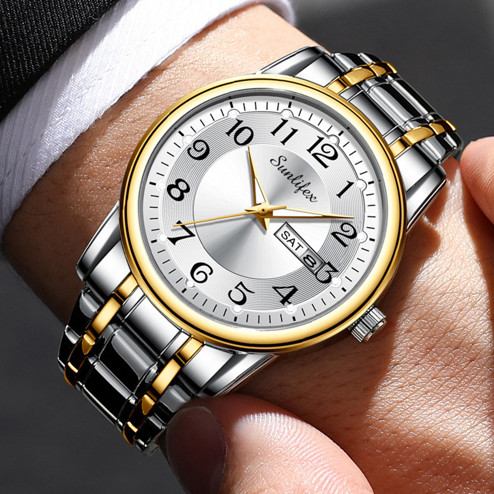 Sunlifex Jam Tangan Pria Anti Air Kuarsa Kalender Tali Stainless Steel Santai Mode Jam Tangan Cowok-4