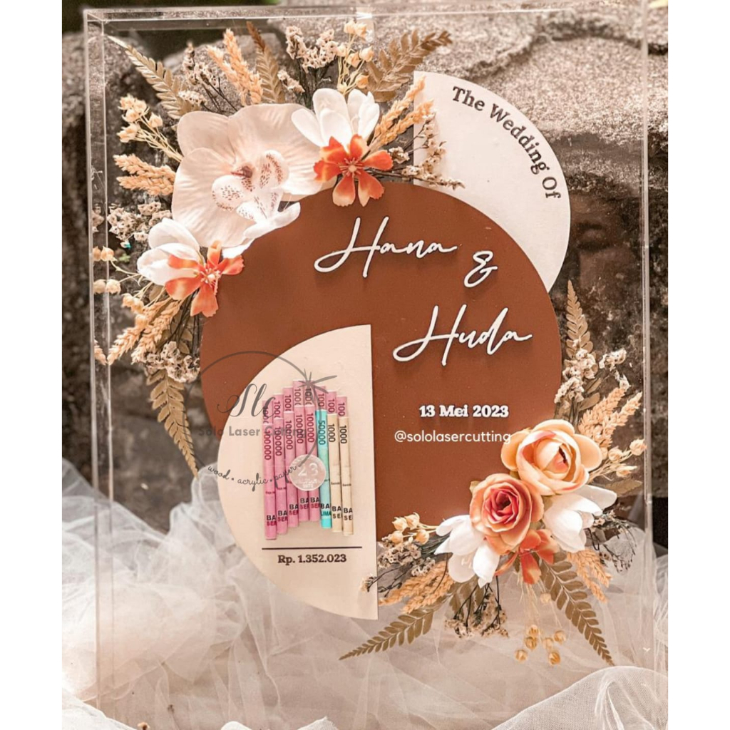 MAHAR ROUND BOTANIQUE 30X40 cm Mahar Pernikahan  GIFT ANNIVERSARY BIRTHDAY PIGURA ACRYLIC Mahar Rust