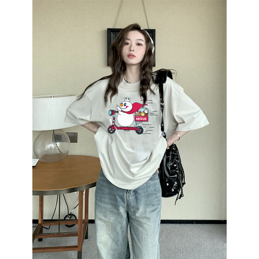 EUNII T-shirt Lengan Pendek Cartoon Michelle Ice City Printing Korean Style/Kaos Atasan Wanita/Baju Wanita/Kaos Wanita