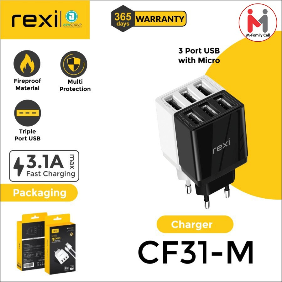 REXI USB CHARGER 3 PORT CF31-M Charger 3.1A 3 LOBANG -port with Micro