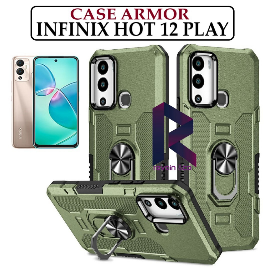 Case Armor INFINIX HOT 12 PLAY Iring Cincin Magnetic Kesing Hp Protect kamera Premium Hard Case Standing Robot Pelindung Kamera