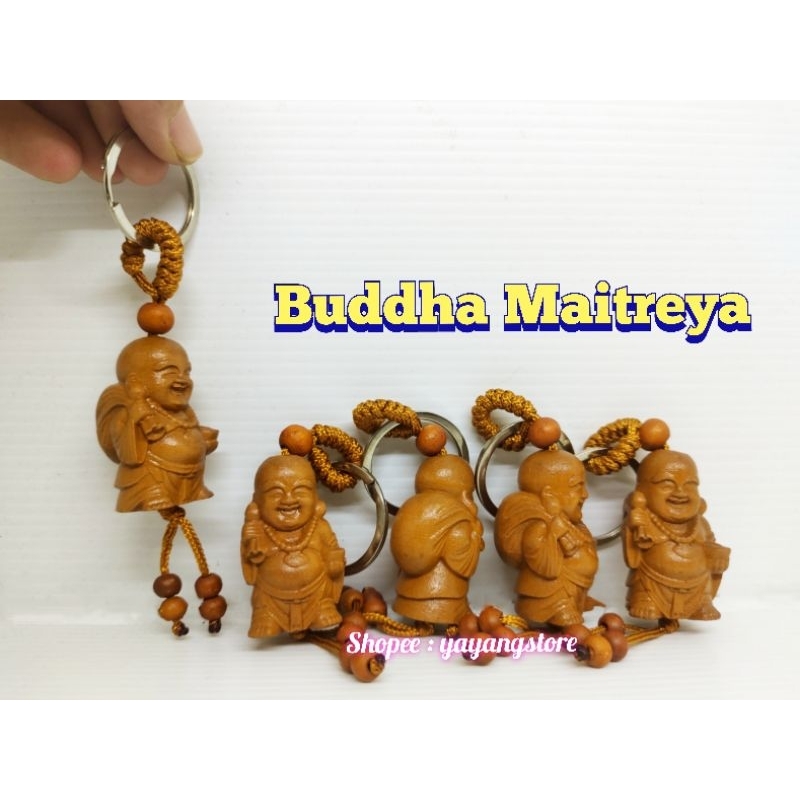 Gantungan Kunci Kayu Buddha Ketawa Maitreya membawa karung uang