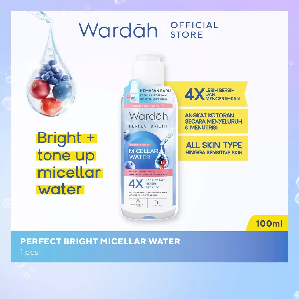 Wardah Perfect Bright Tone Up Micellar Water, pembersih wajah tanpa bilas dengan jutaan micelles pencerah yang bersihkan wajah dari make up, kotoran, dan minyak berlebih dengan lembut. Formula Cucumber Extract membuat kulit terasa lebih segar dan menjadik