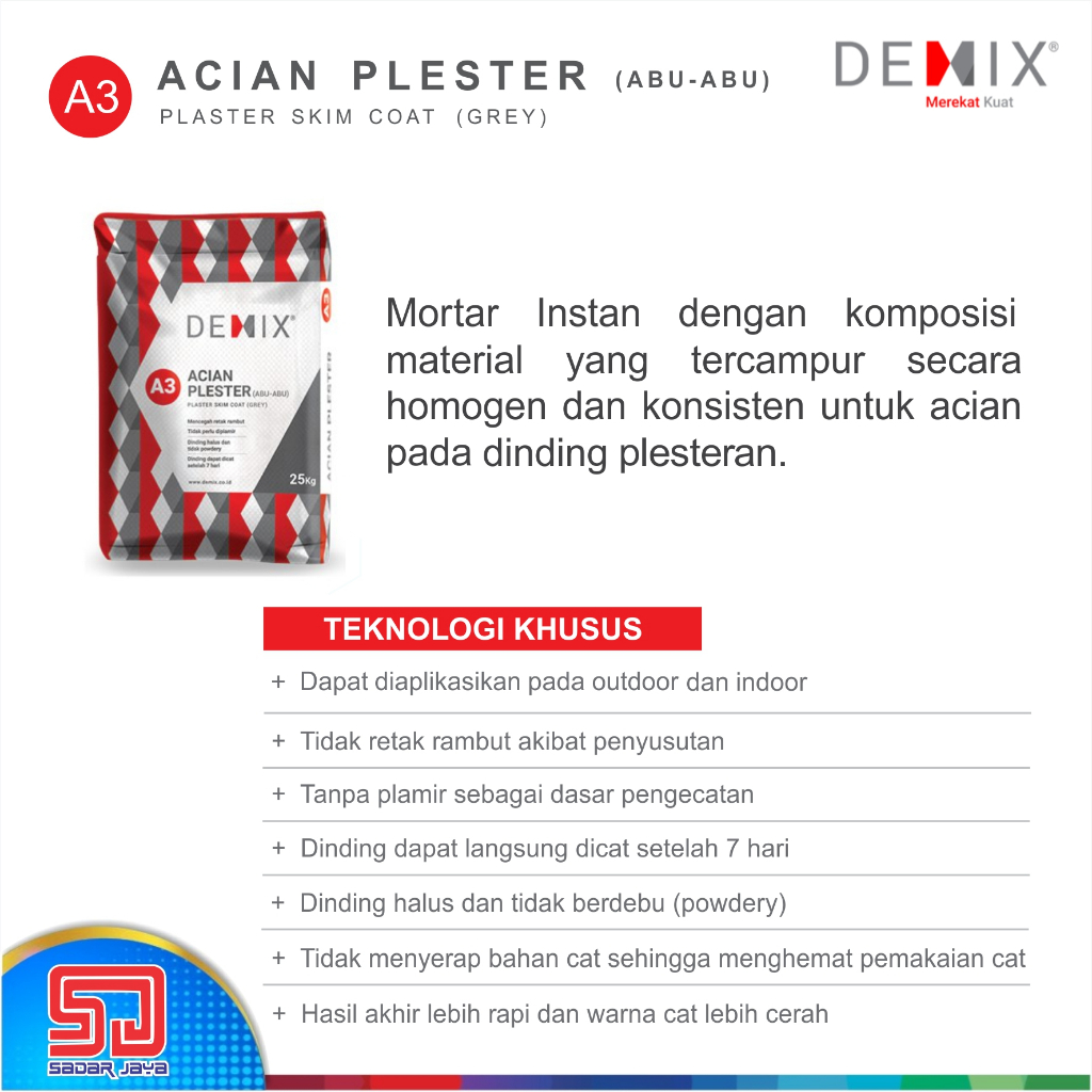 Semen Instan DEMIX A3 Acian Plester Abu-Abu Mortar Instant Cement Plesteran