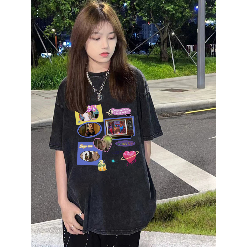 EUNII T-shirt Lengan Pendek Black Washed Vintage CD Printing Korean Style/Kaos Atasan Wanita/Baju Wanita