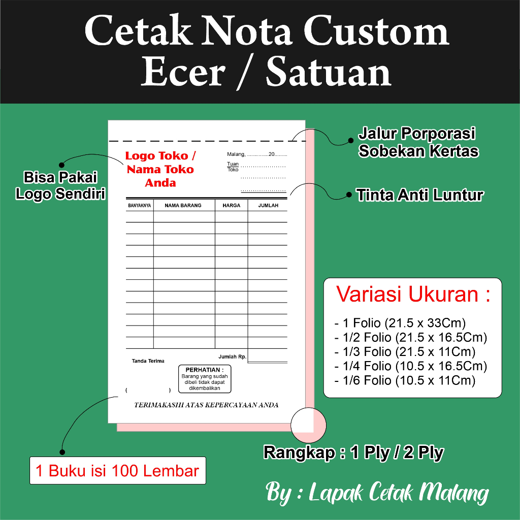 

Nota 1ply, 2ply dan 3ply Custom nama toko sendiri Ukuran 1 Folio sampai 1/6 folio