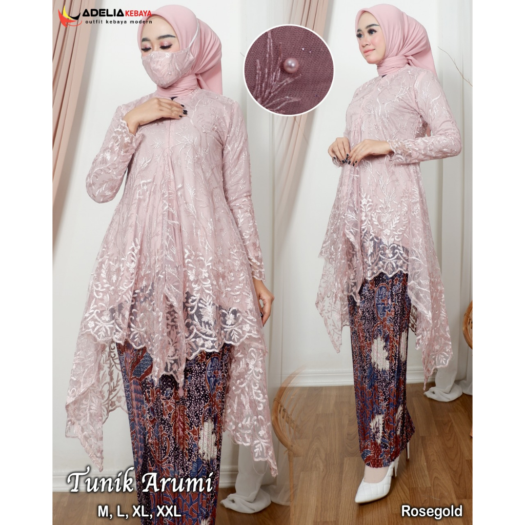 ( COD ) Setelan kebaya tunik arumi tulle - outfit kekinian - kebaya modern - motif elegan - bahan tulle bordir mutiara - pakaian pesta keluarga, wisuda, baju akad ataupun nikahan