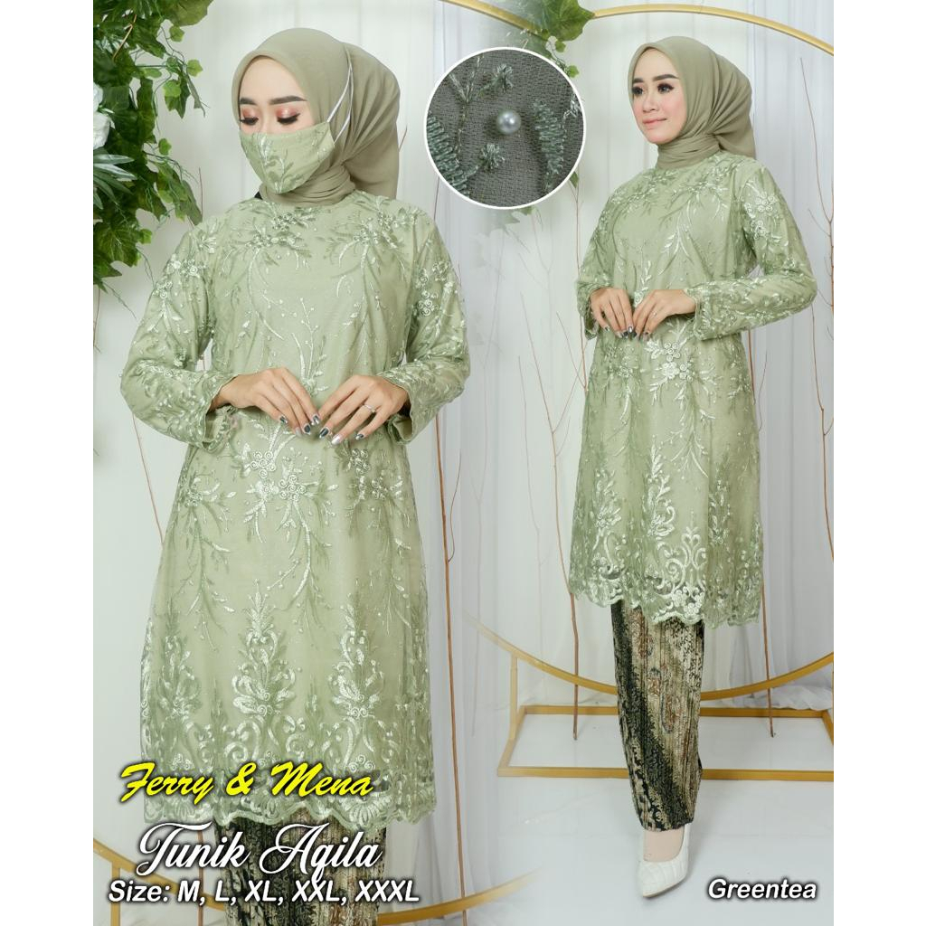 ADE&gt; SET KEBAYA TUNIK AQILA - TUNIK KEBAYA JUMBO MODERN - BAJU KEBAYA TULLE - OUTFIT KEBAYA PESTA CANTIK - KEBAYA BIG SIZE