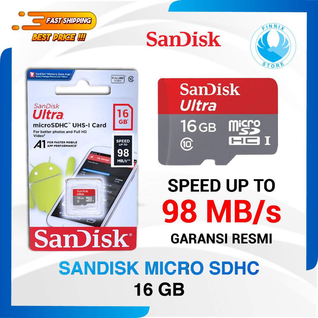 SanDisk A1 Ultra MicroSDHC 16GB 98MB/s Class 10 - Kartu Memori MicroSD