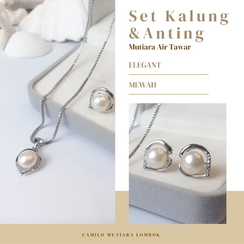 Set Kalung & Anting Rhodium Bentuk Hati Mutiara Air Tawar Putih
