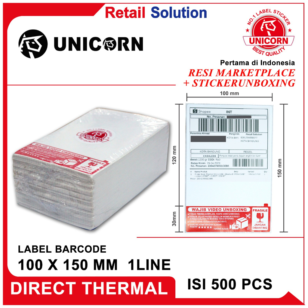 Stiker Label Thermal AWB Resi Alamat Unboxing Fragile A6 100x150 Lipat