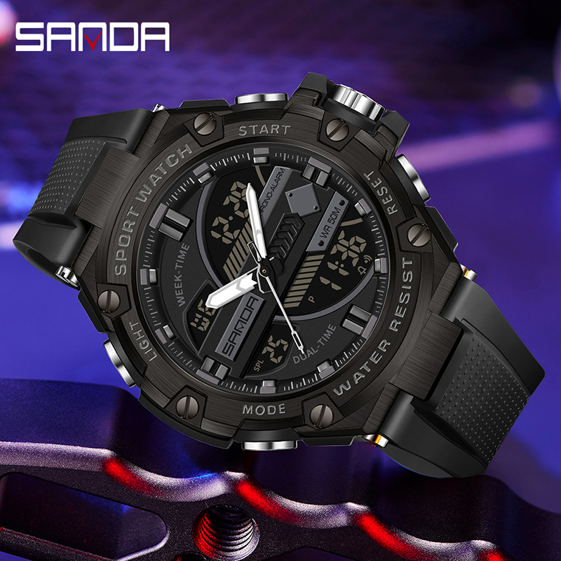 SANDA 3185 Jam Tangan Pria Digital Analog Sport EL Backlight Tali Rubber Anti Air WATCHKITE WKOS