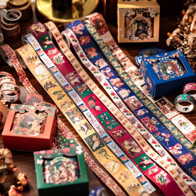 

(READY) 10 ROLL GOLD FOIL CARTOON GIRL WASHI TAPE BOX | hampers masking tape bujo bullet journal journaling postcard scrapbook selotip lucu unik galaxy star night angkasa antariksa kartu pos penpal cafe cute lucu aesthetic dekorasi deco motif elegan