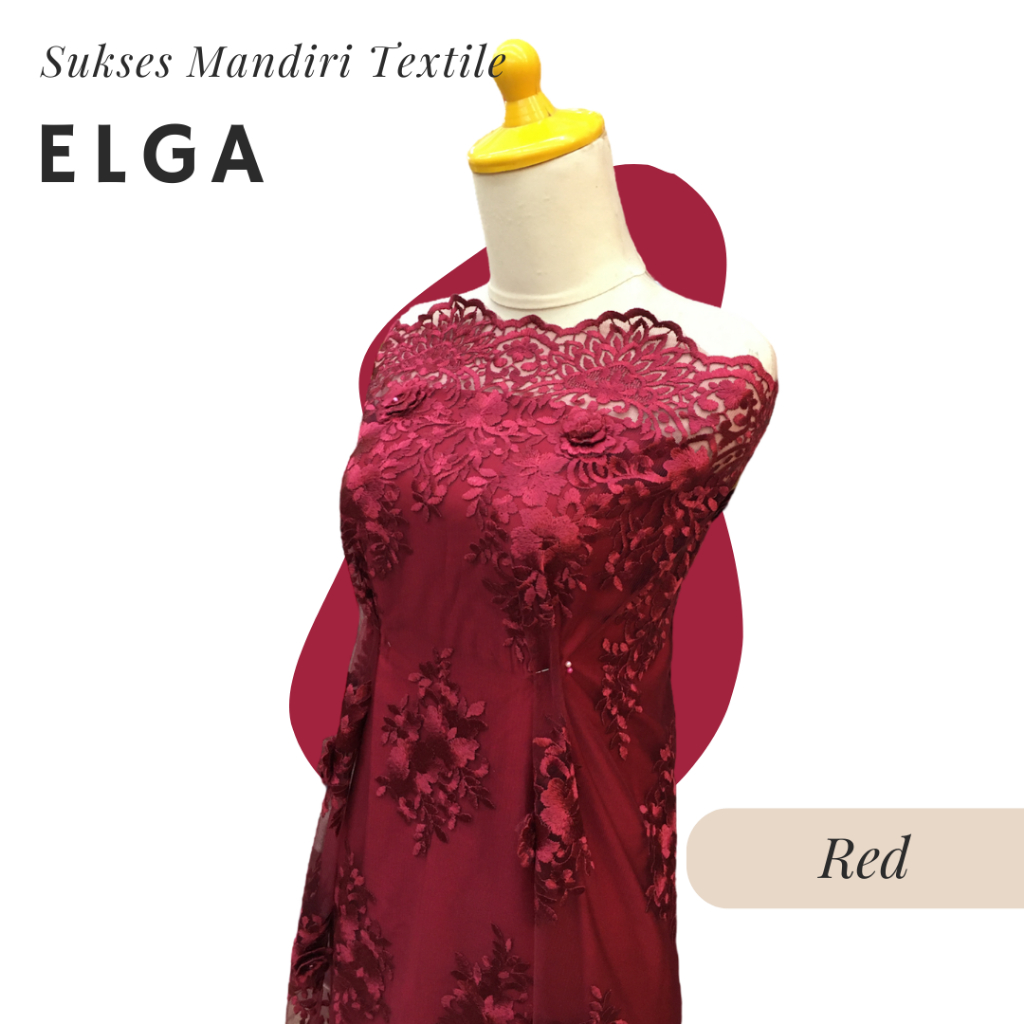 [ELGA] Brokat Tulle Mewah 3D Bunga Timbul Gaun Pesta Dress warna Merah Red | Harga ½ meter = 50 cm (