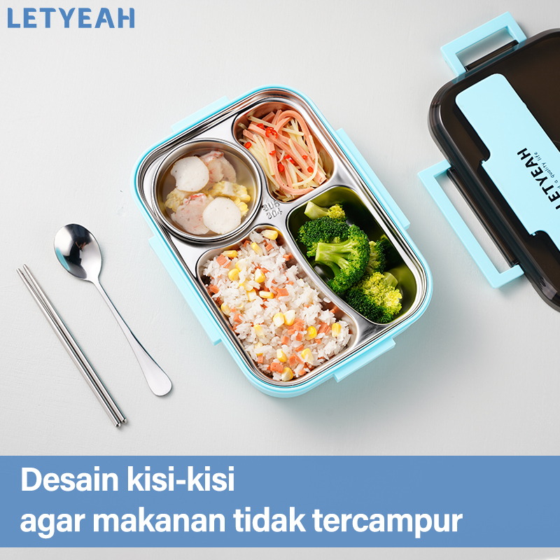 letyeah Lunch box stainless 4 skeat anti tumpah dan tahan panas kotak makan set tas/mangkuk sup/tempat bekal makan