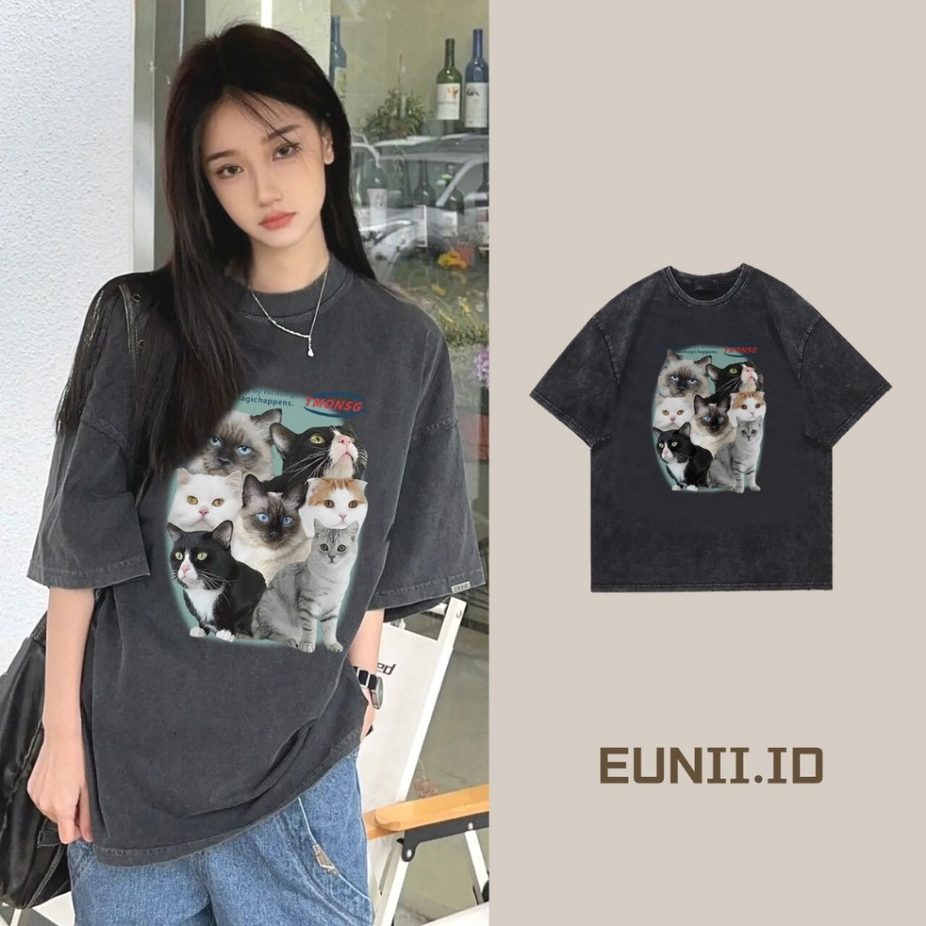 EUNII T-shirt Lengan Pendek Black Washed Cartoon Cat Printing Korean Style/Kaos Atasan Wanita/Baju Wanita/Kaos Wanita