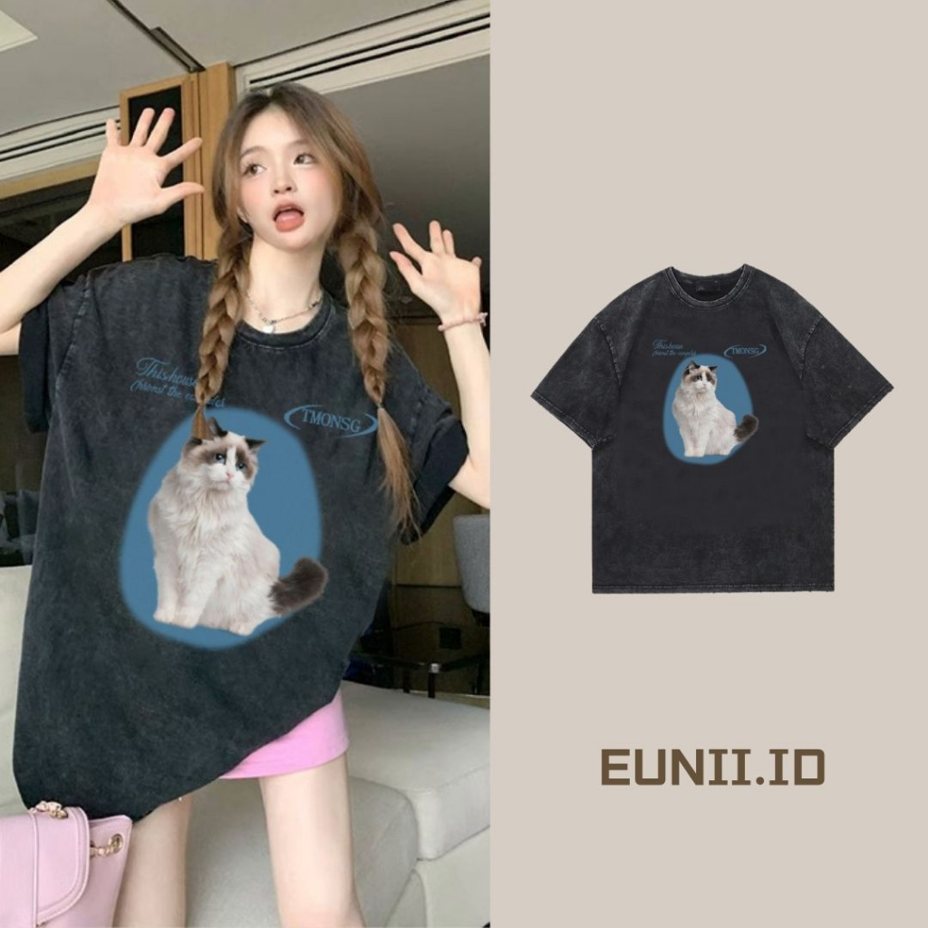 EUNII T-shirt Lengan Pendek Black Washed Cute Cat Printing Korean Style/Kaos Atasan Wanita/Baju Wanita/Kaos Wanita