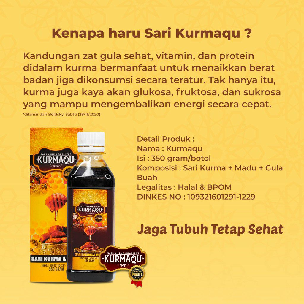 Kurmaqu - Obat Penggemuk Pipi Tembem Cuby Menambah Nafsu Makan Alami Menggemukan Badan Untuk Pria dan Wanita Kurmaqu Sari Kurma dan Madu Asli Rasa Enak Tidak Bau Angus