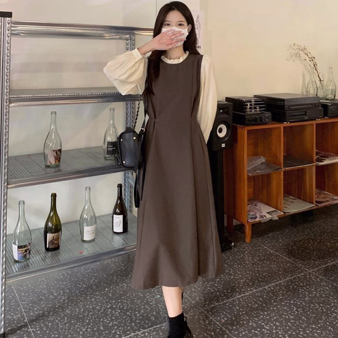 yikoo-Maxi dress korea gaun panjang pemblokiran warna wanita dres