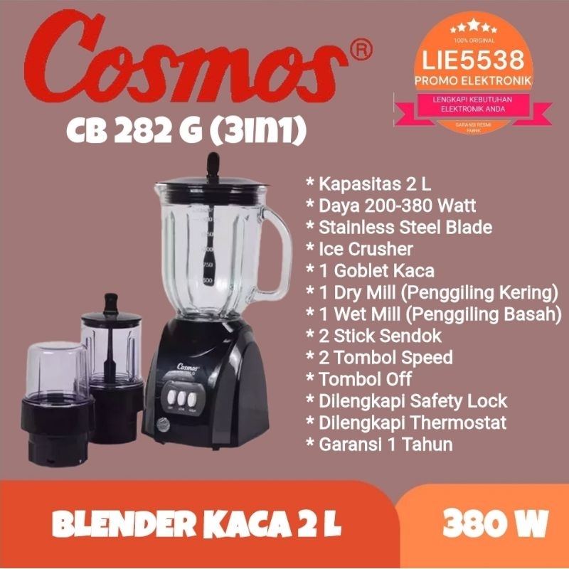 Blender COSMOS CB 282 G / 282G Blender Kaca Kapasitas Besar (2L) 3in1 ICE CRUSHER GARANSI RESMI