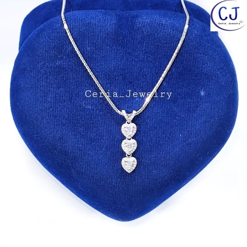 Kalung Perak Asli 925 Wanita Silver Lapis Emas Putih Cassandra Italy Liontin Love 3 Susun Permata - Perhiasan Perak Asli