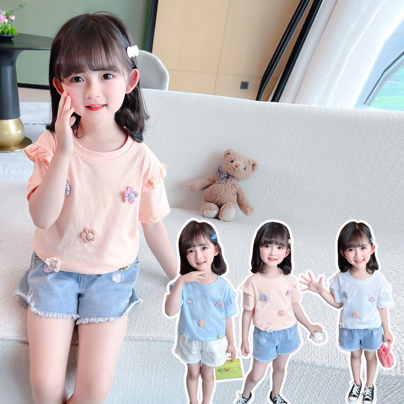 Kaos Anak Perempuan Impor Korea Fashion Lengan Pendek Motif Bunga