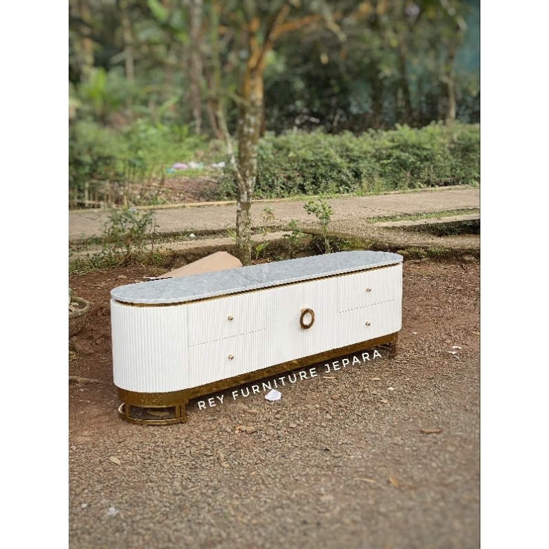 BUFET TV MINIMALIS MARMER PUTIH STAINLESS, BUFET PAJANGAN SALUR STAINLESS MARMER ASLI, MEJA TV MARME