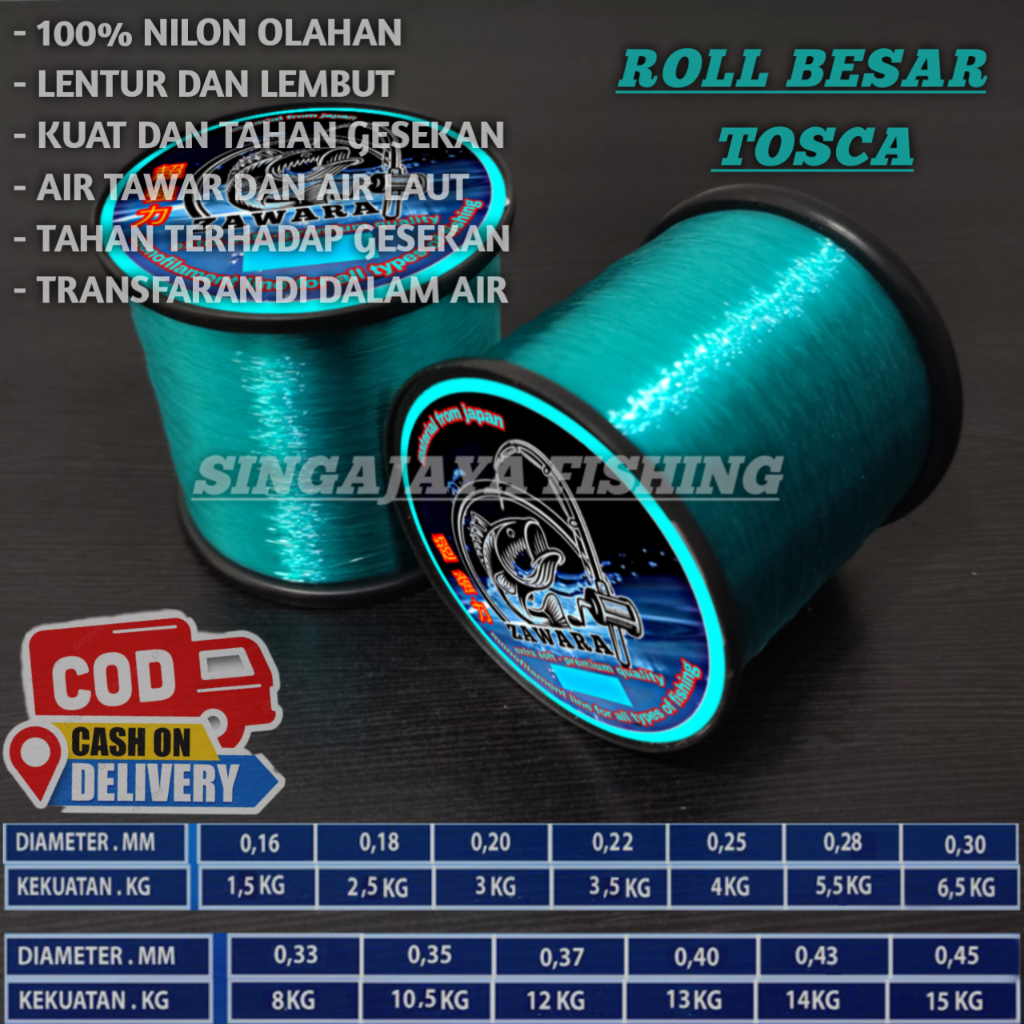 senar pancing ZAWARA kecil super kuat anti keriting panjang 1800meter warna TOSCA bahan nilon olahan