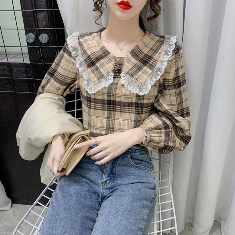 [ Retro Series ] Kemeja Blus Flanel Wanita Kotak - Kotak Kombinasi Renda Lengan Panjang ( Long Sleeve Plaid Flannel Woman Shirt )