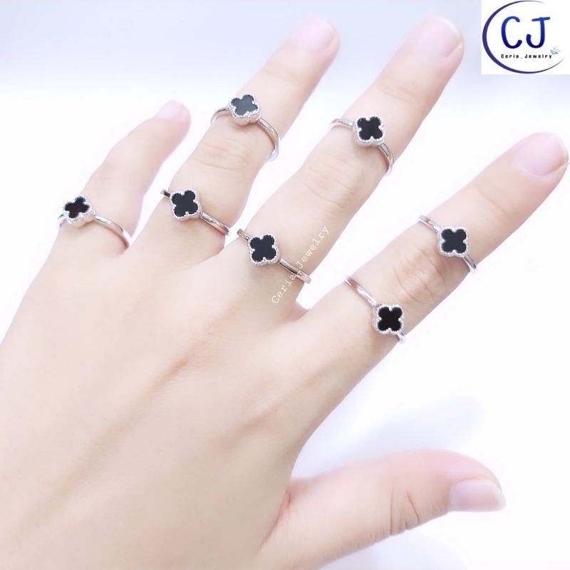 Cincin Perak Wanita Asli Silver 925 Lapis Emas Putih Model Van Cleef Hitam Cincin Fashion VanCleef - Cincin Anti Karat