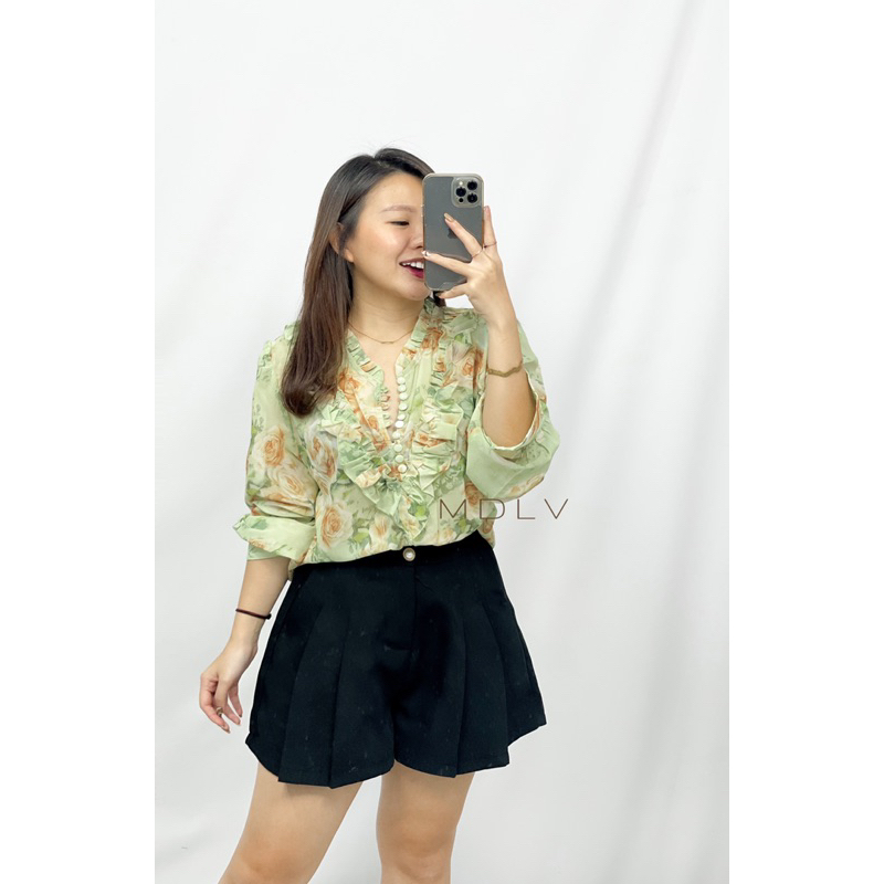 MDLV ~ 7700# Soyya Raffled Blouse Flower korea