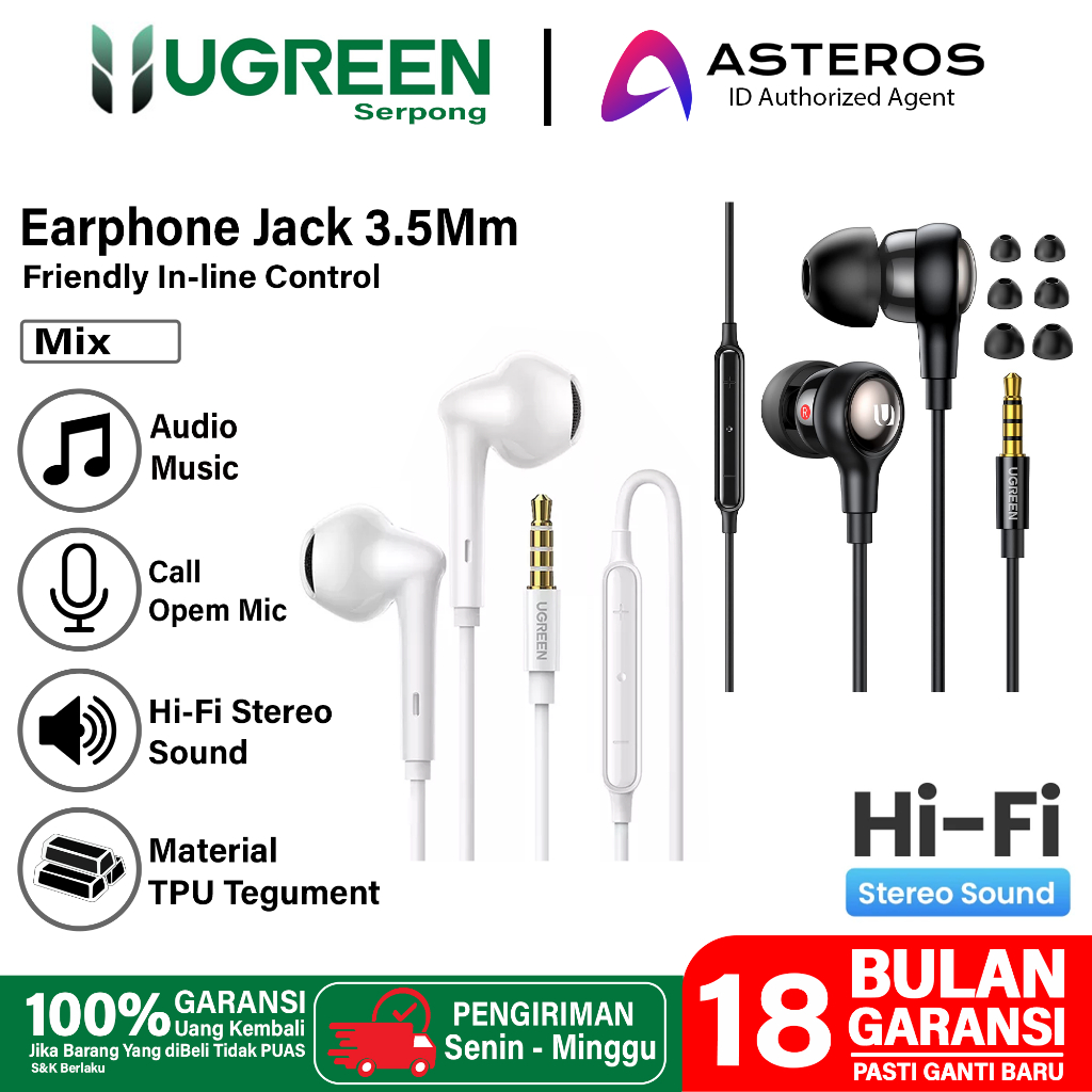 UGREEN Headset Handsfree Earphone Jack 3.5Mm In-Ear Hifi Sound Music Audio Call