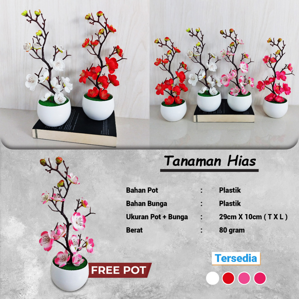 Satu7an PBP31 Tanaman Bunga Plastik Tanaman Hias Bunga Plum Tanaman Pot Bunga Bonsai Ornamen Dekorasi Rumah Artifisial Flower