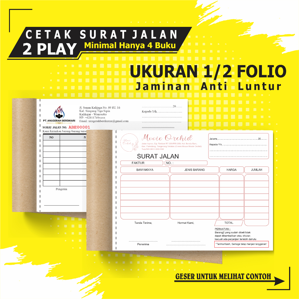 

Cetak surat jalan custom 2 PLY 1/2 FOLIO / KWITANSI 2 PLAY / SURAT JALAN CUSTOM 2 PLAY ( BEBAS DESAIN )