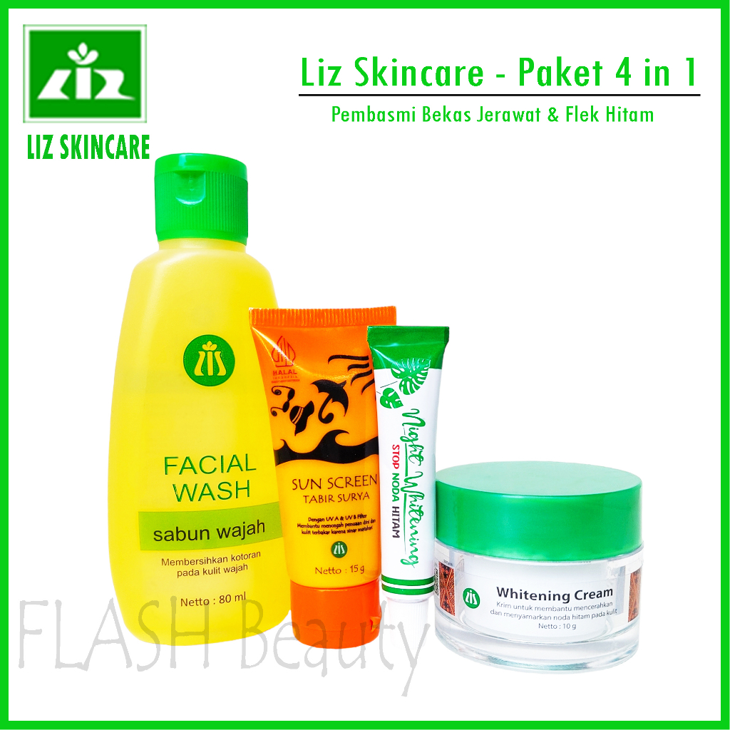 Liz Skincare ( Paket GLOWING / Anti Jerawat dan Flek Hitam ) Fcaial Wash - Krim Pemutih Malam - Day Whitening Krim - Sunscreen Tabir Surya