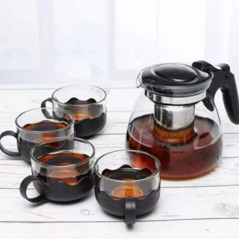 (COD) TEA POT KACA+ SARINGAN FREE BUBBLE / Tea Pot Murah / Teko Kaca Plus Gelas