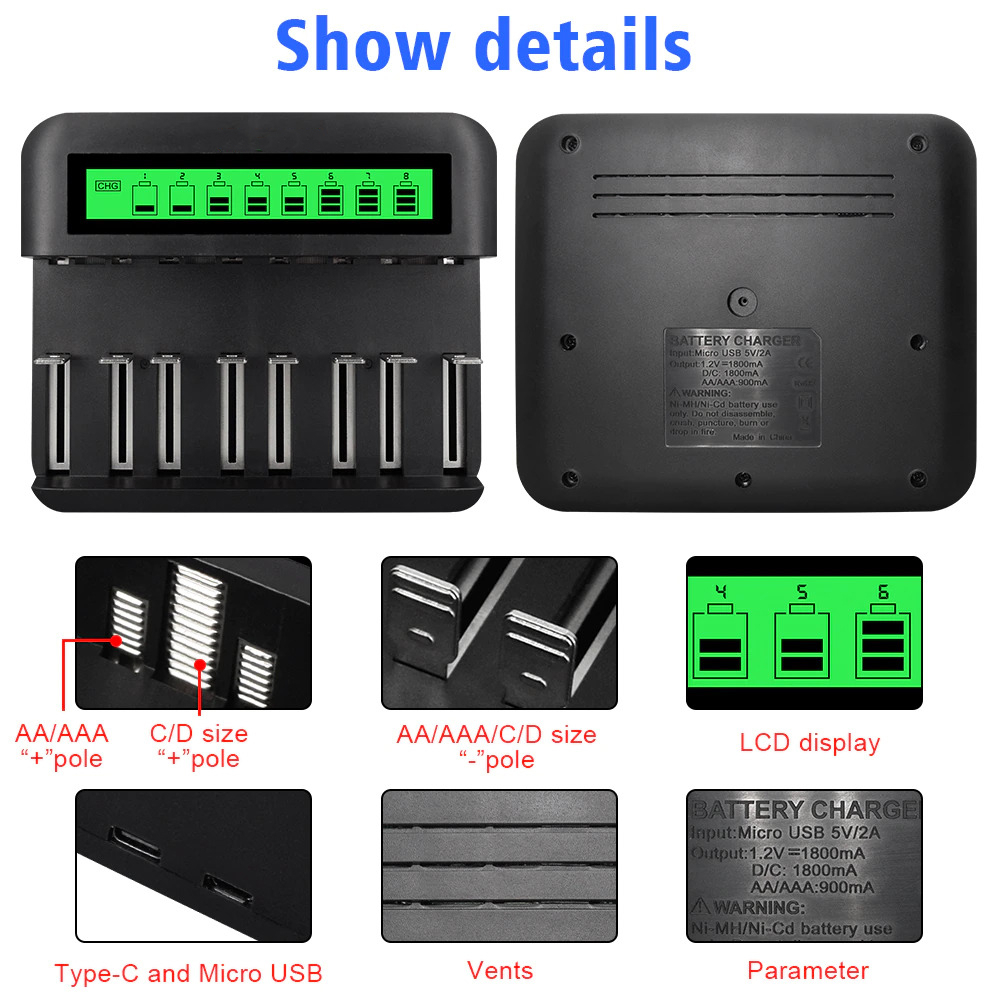 PALO Charger Baterai 8 Slot Large LCD for AA AAA SC C D