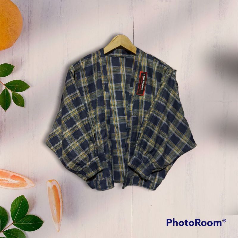 Kemeja Wanita Outer Balon Flanel Kotak Kotak Tanpa Kerah Oversize