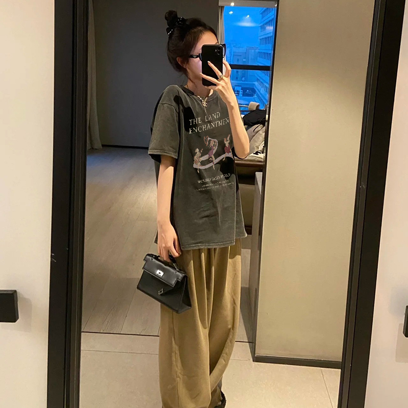 Print Washed T-shirt Kaos Lengan Pendek Oversize Retro Trumpet Girl Korean Style Atasan Wanita